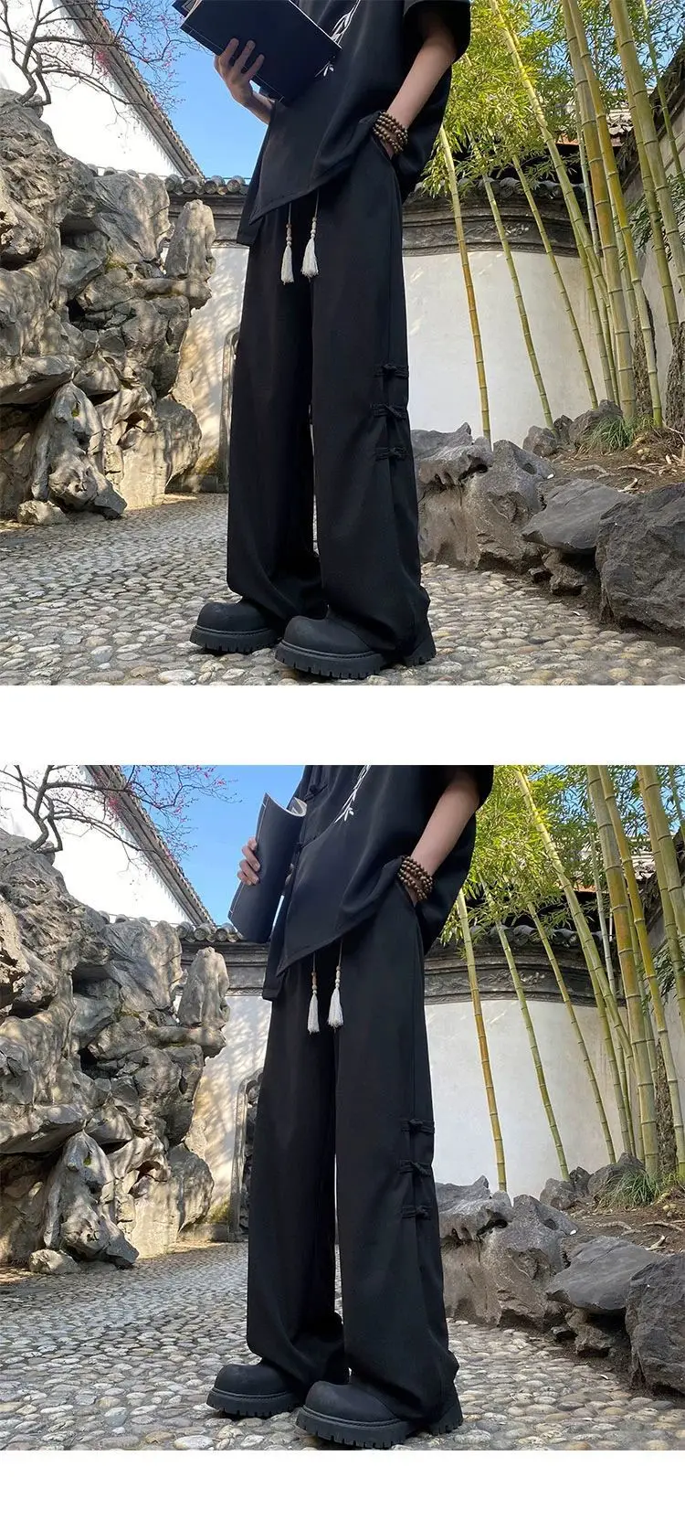Description Picture 3 of itemChinese Style Knot Button Pants For Men Elastic Waist Drawstring Loose Straight Trousers Summer Fashion Casual Wide Leg Pants