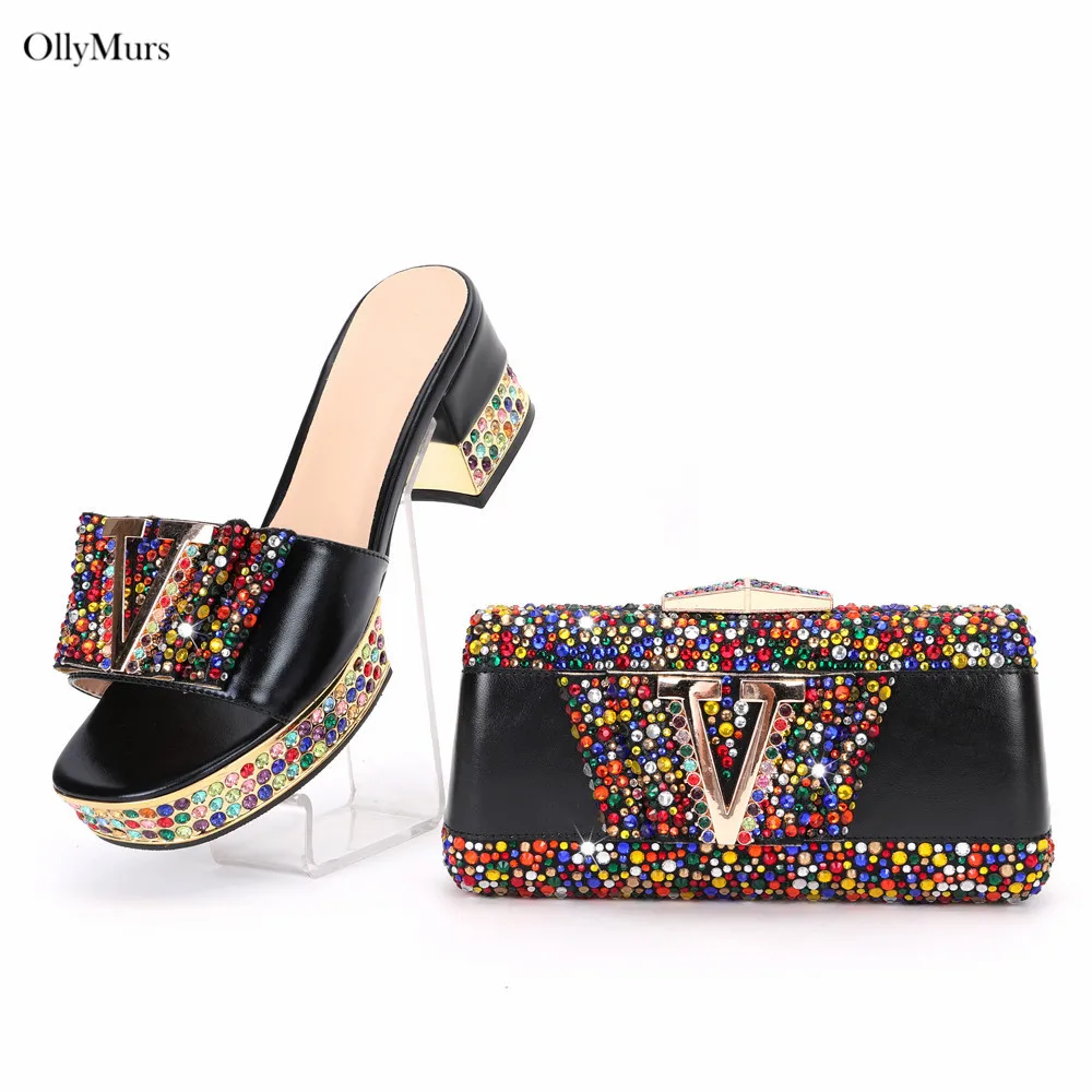 

Summer Slipper Woman's Party Shoes And Bags Set Newest Elegant Shoes With Matching Bag Set For Party Dress Large Size 38-43