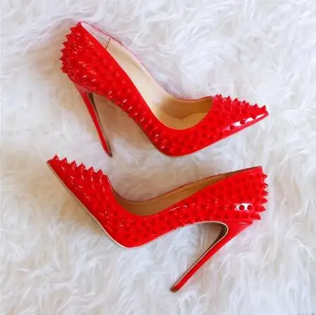 

Sexy Red Shiny Leather Full Spike Rivet Pointed Toe 8 10 12 CM Thin Heels Dress Party Pumps Women Shallow Slip On Banquet Shoes