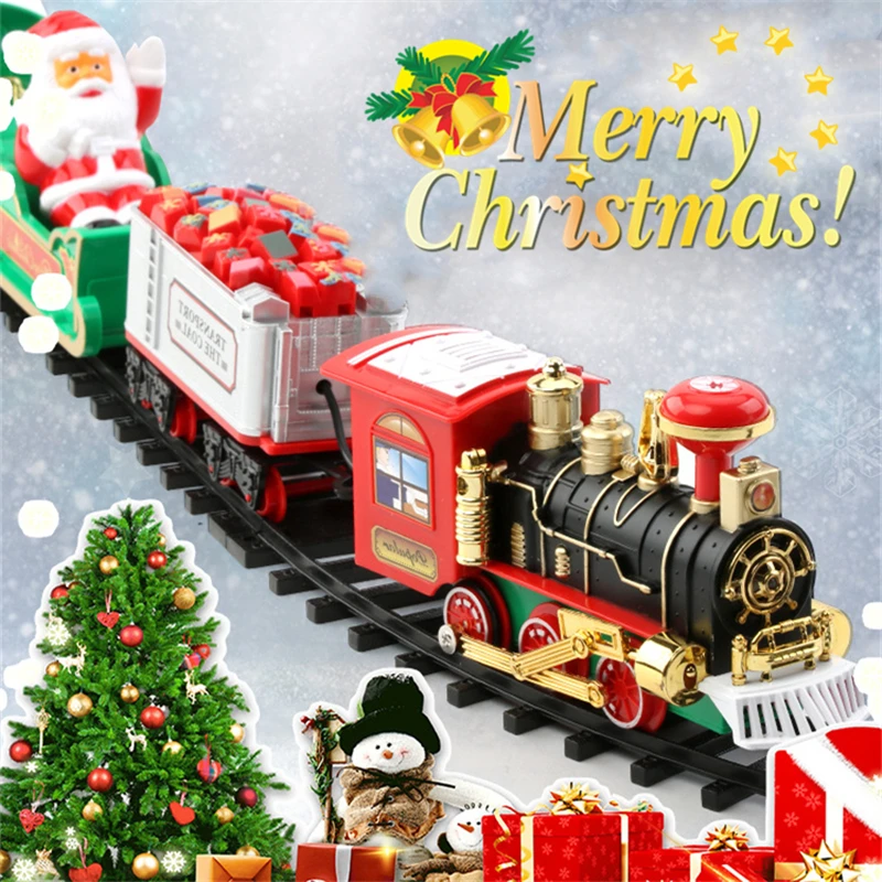 

Christmas Train Electric Toys Christmas Tree Decoration Train Track Frame Railway Car with Sound&Light Rail Car Christmas Gifts