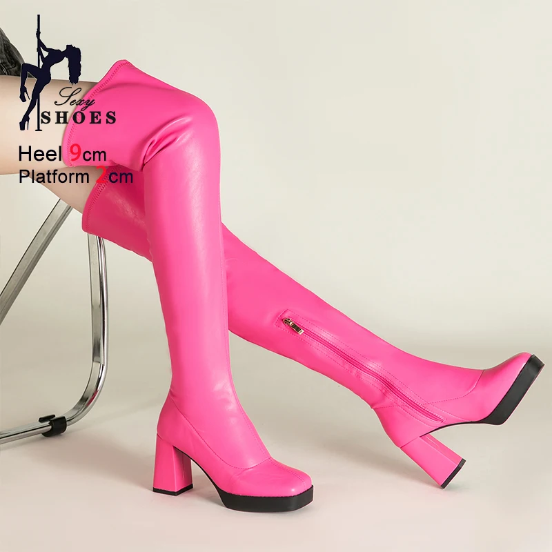 Women Square Toe Elastic Leather Thigh High Boots Over The Knee Sexy Nightclub Long Shoes Plus Size 9CM Block Heels Knight Boots