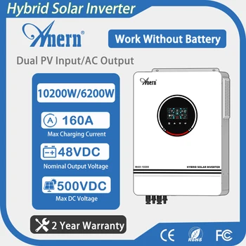 Anern Hybrid Solar Inverter Power 10.2KW 6.2KW 4.2KW 24/48V 220V Off Grid Pure Sine Wave Bult-in 160/140A MPPT Charge Controller