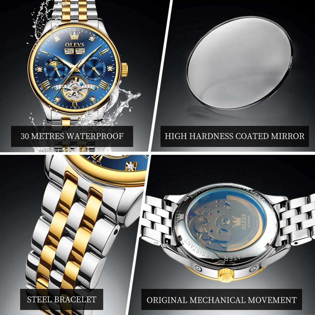 OLEVS 7023 Man Watch Moonswatch Mechanical Watch For Men Hollow Skeleton Luxury Auto Date Men's Wristwatch Waterproof Luminous