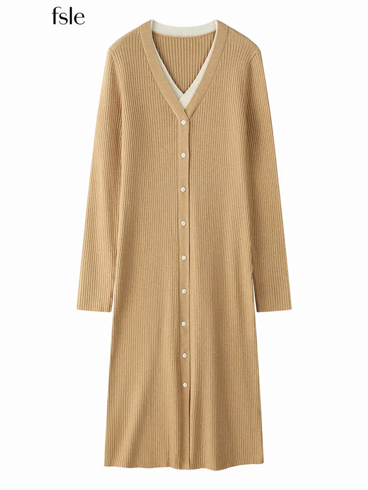 

FSLE Women French Fake Two Piece Knitted Dress 5.8% Wool Women Full Length Sheath Single Breasted Design Solid Long Dress