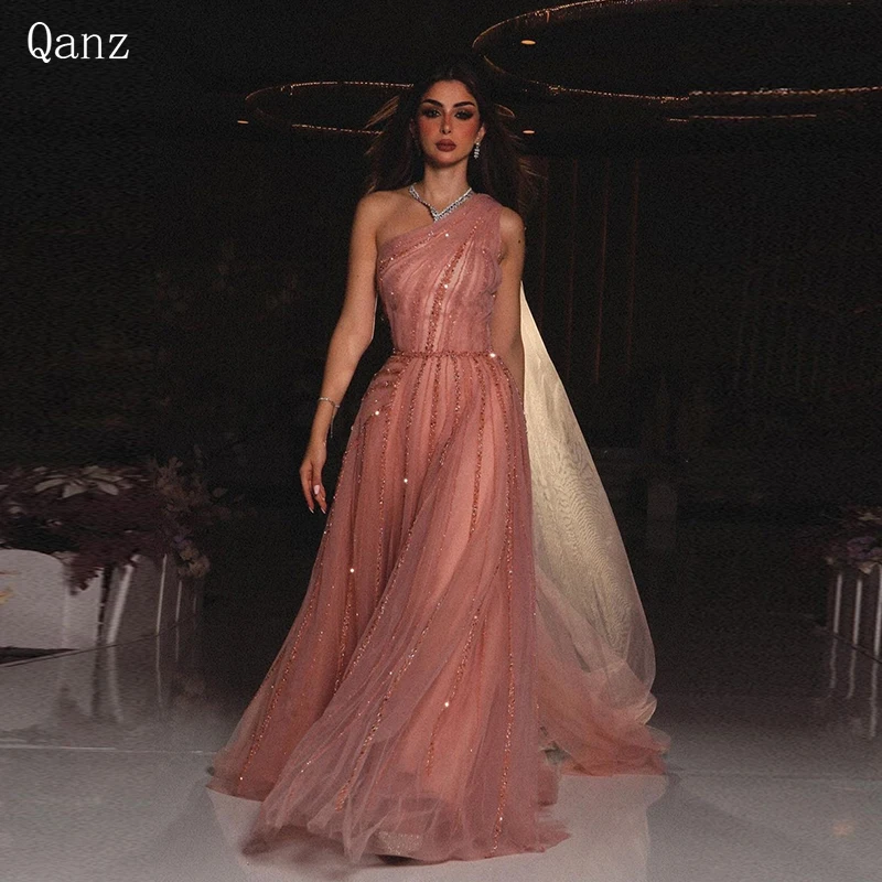

Qanz Sparkle Sequin Tulle Prom Dresses One Shoulder Long A Line Pink Luxury Evening Dresses For Women 2023 Wedding Party Dress