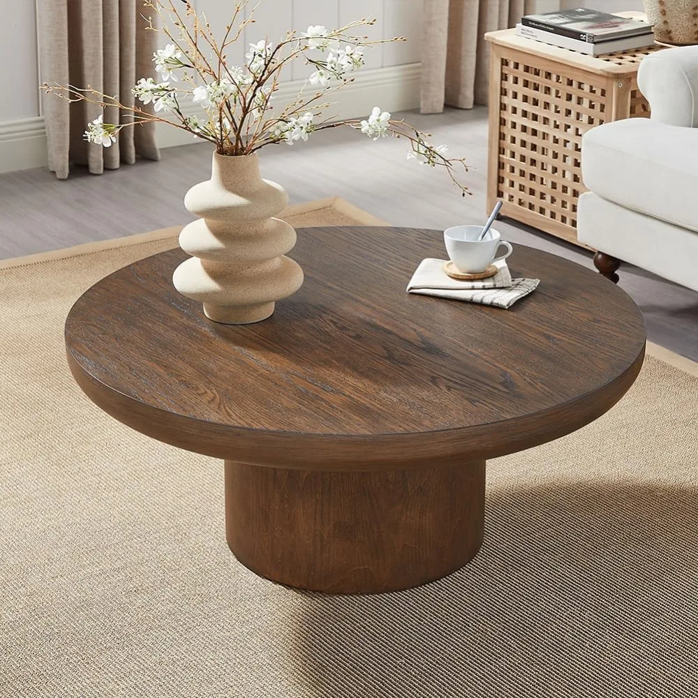 Round Wood Coffee Table for Living Room Modern Circle Coffee Table Pedestal Center Table for Apartment, Easy Assembly Brown 3