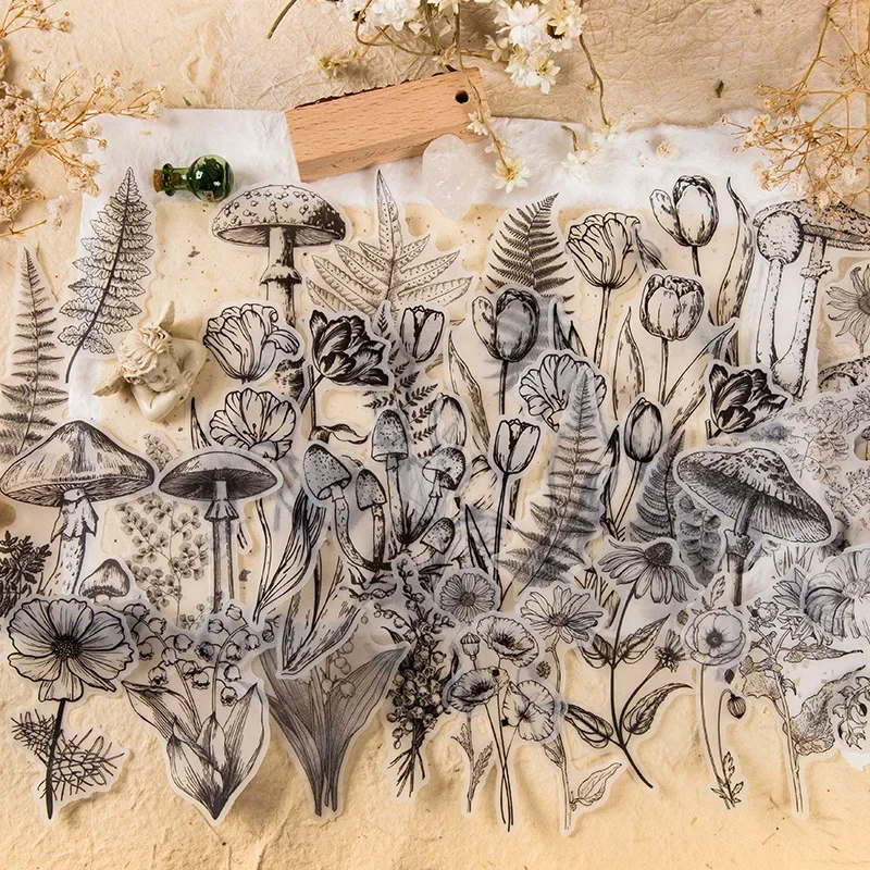 20/pcs Vintage Black White Plants Craft Stickers Junk Journal Retro Diary Album Scrapbooking Decorative Mushroom Daisy Stickers