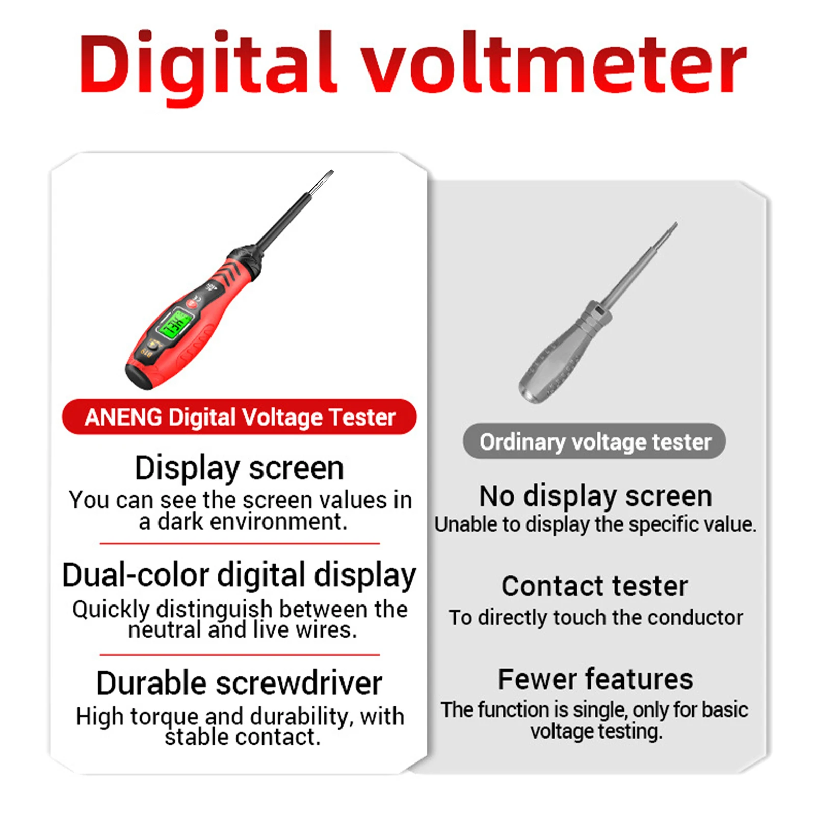 Aneng B19 크로스/플랫 지퍼 스크루 드라이버 펜 디지털 테스트 연필 비접촉 감지 30-1000v 전압 버저 브레이크 포인트 테스터