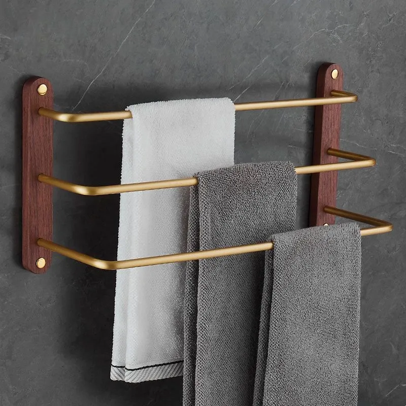 Chinese Style Towel Rack Vintage Bathroom Walnut Towel Rack Double Pole Non Perforated Bathroom Wood Gold Wall Pole ZF217