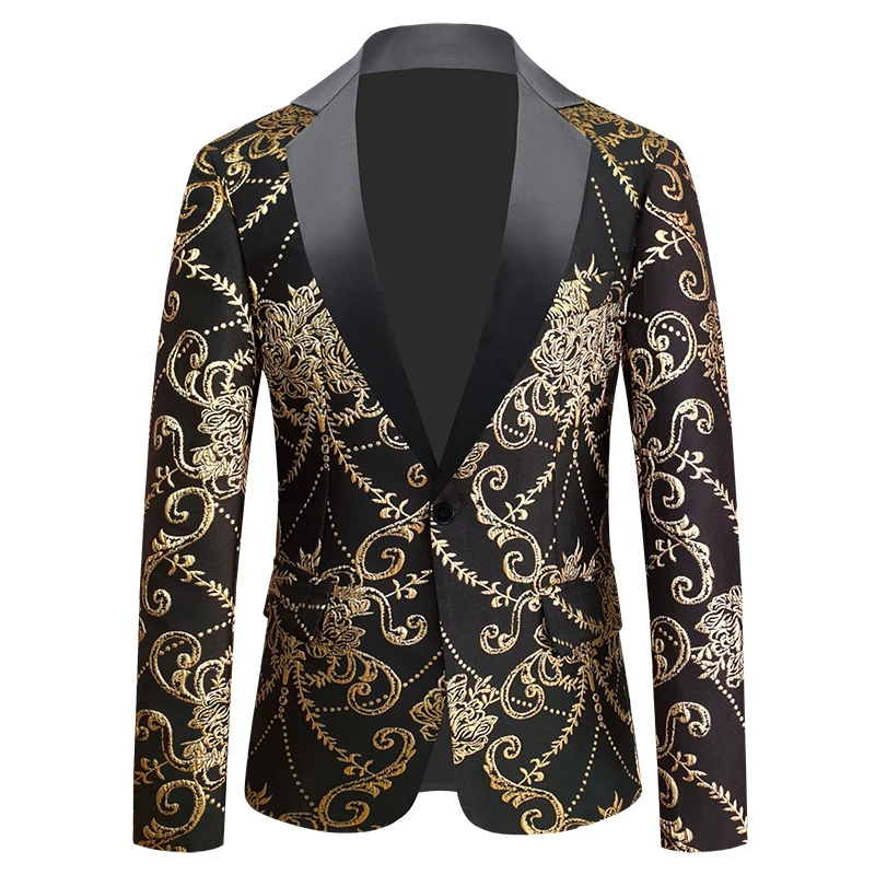 Men Floral Jacquard Blazer Fashion Slim Fit Costume Male Wedding Groom Party Tuxedo Dress Gold Jacquard Bronzing Floral Blazer