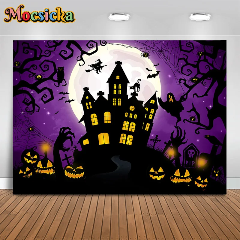 

Mocsicka Halloween Photography Backdrop Castle Moon Ghost Background Horror Nights Birthday Party Cake Smash Kids Photo Studio