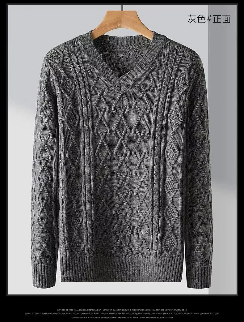 Description Picture 4 of item2023 New Autumn and Winter High-end Pullover Chicken Heart Neck Jacquard Long Sleeved Casual Loose and Thickened Men's Sweater