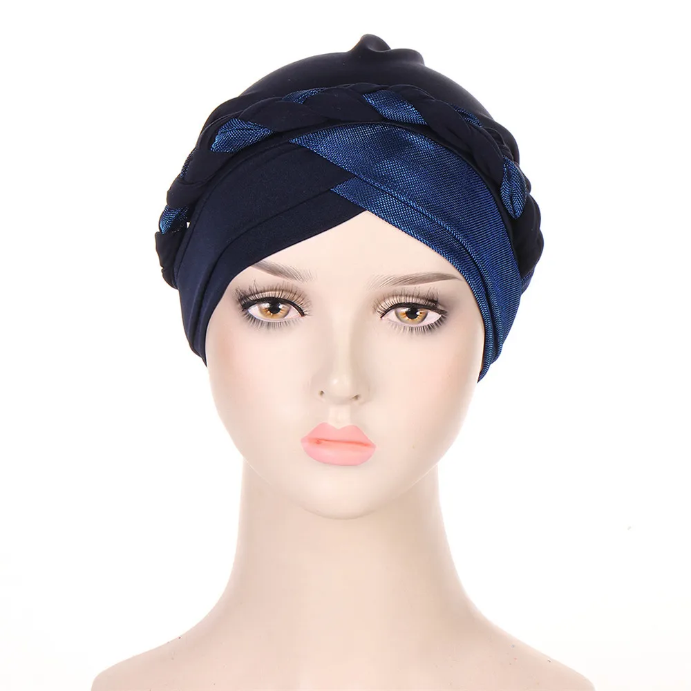 Muslim Turban Glitter Braids Women Forehead Cross Inner Hijab Islamic Head Wrap Arab Underscarf Bonnet Stretchy Chemo Cancer Cap