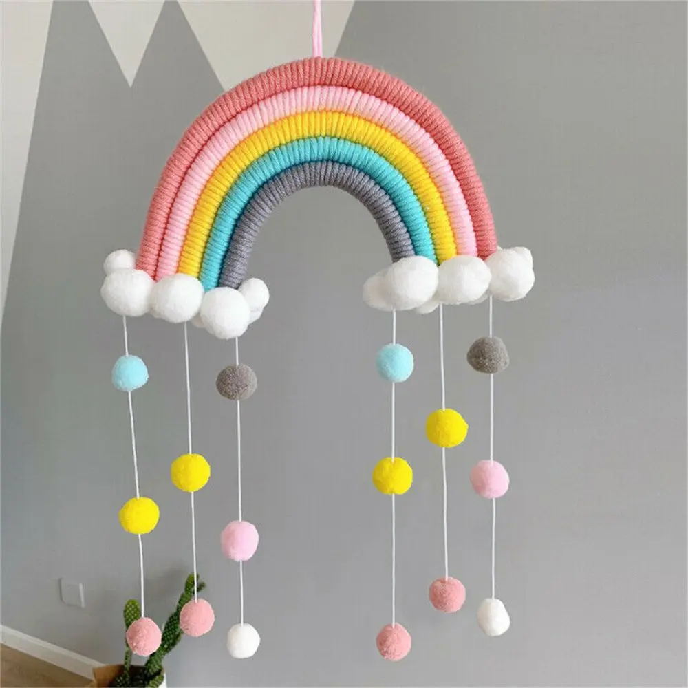 Description Picture 5 of itemHand-woven Five Strands Rainbow Clouds Hanging Decoration Colorful Pom Pom Felt Ball Tassel Wall/Window Hanging Decoration Craft