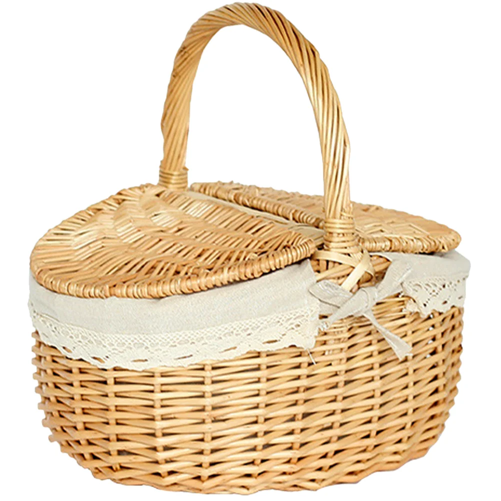 

Storage Basket Wicker Basket Egg Gathering Picnic Fruit Bread Breakfast Basket with Lid Portable Outdoor Camping Storage