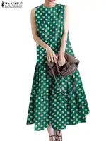 ZANZEA Women Sleeveless Polka Dot Printed Holiday Sundress 2024 Summer Bohemian Vintage Party Midi Dress Fashion Ruffled Vestido - Image 4