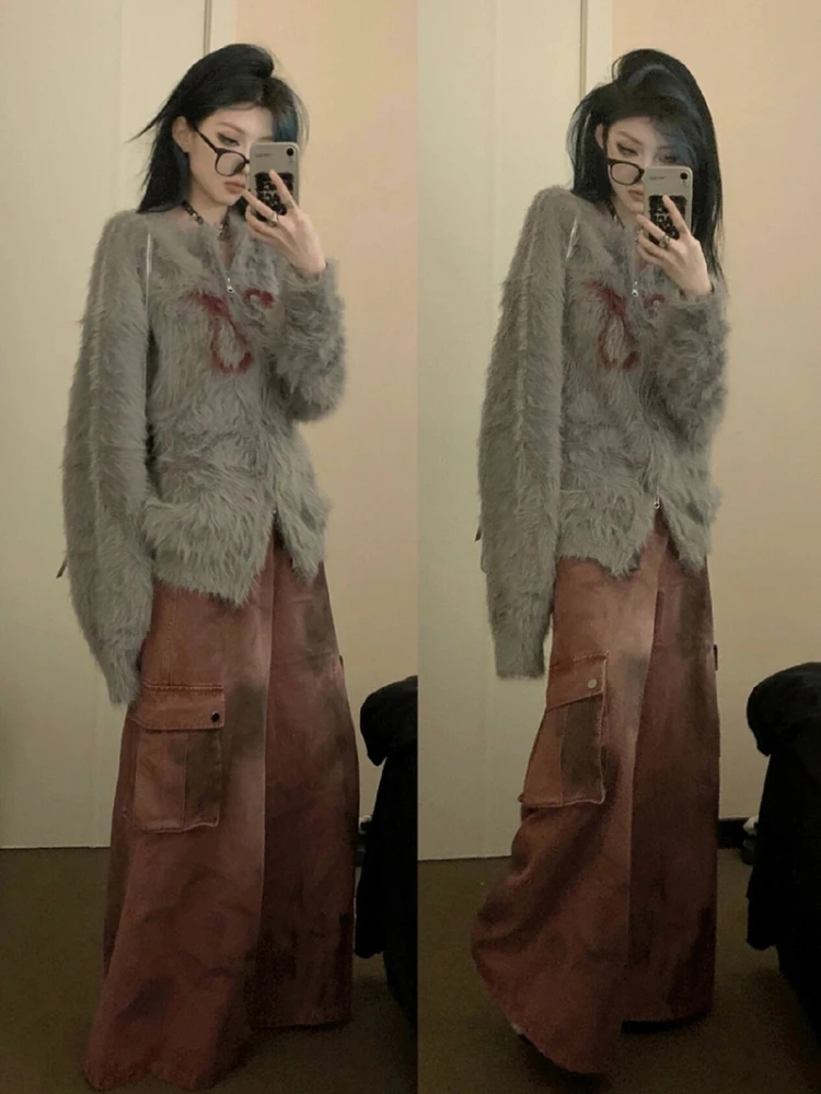 Y2k 미적인 자카드 루즈 가디건 스트리트웨어 여성용 모피 더블 지퍼 스웨터, 하라주쿠 페어리 니트 그런지 스위트 코트