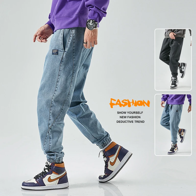 남성용 블랙 블루 카고 청바지, 데님 조거 바지, 헐렁한 하렘 진 바지, 플러스 사이즈 데님 바지, 용수철 여름 스트리트웨어 