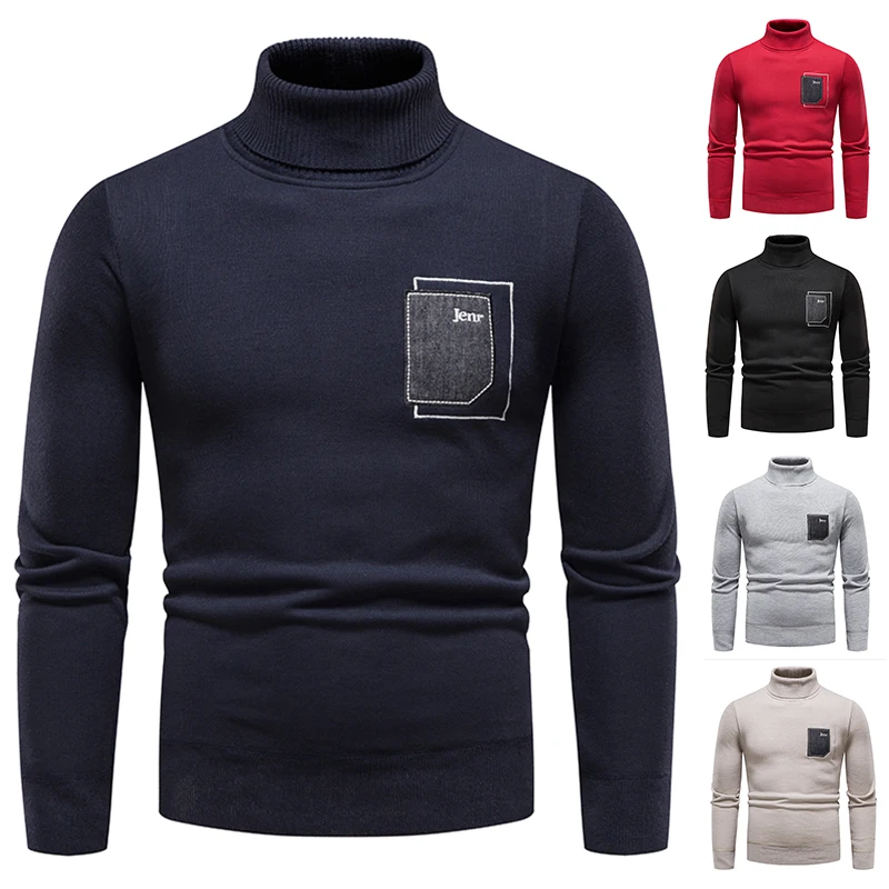 Men's Turtleneck Sweater Autumn and Winter New Knitted Pullover Fashion Slim Fit Patchwork Casual Y2K  Fleece Blank Male Clothes fakuntn autumn and winter new men turtleneck pullover sweater fashion solid color thick and warm bottoming shirt male clothes