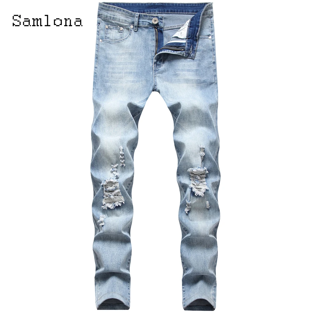 

Samlona 2024 New Spring Jeans Demin Pants Mens Fashion dropped Waist Ripped Trouser Men Casual Bagay Street Demin Sweatpants