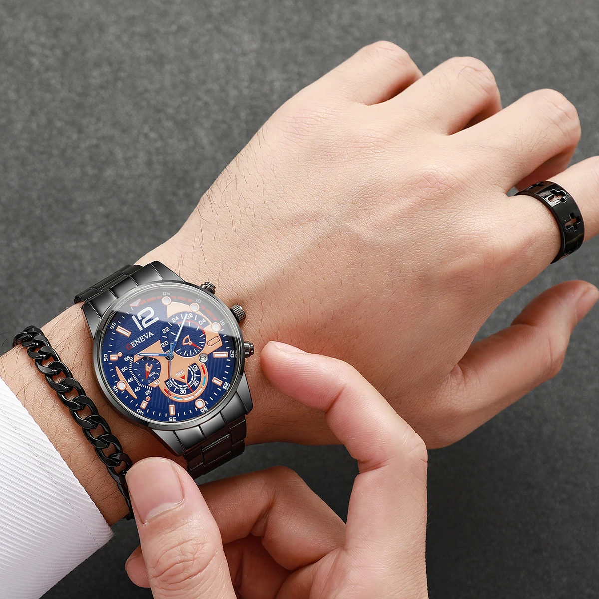 8pcs/set Men's Fashionable High-end Digital Scale Small Dial Classic Simple Quartz Watch+bracelet+necklace+ring (box Not Include