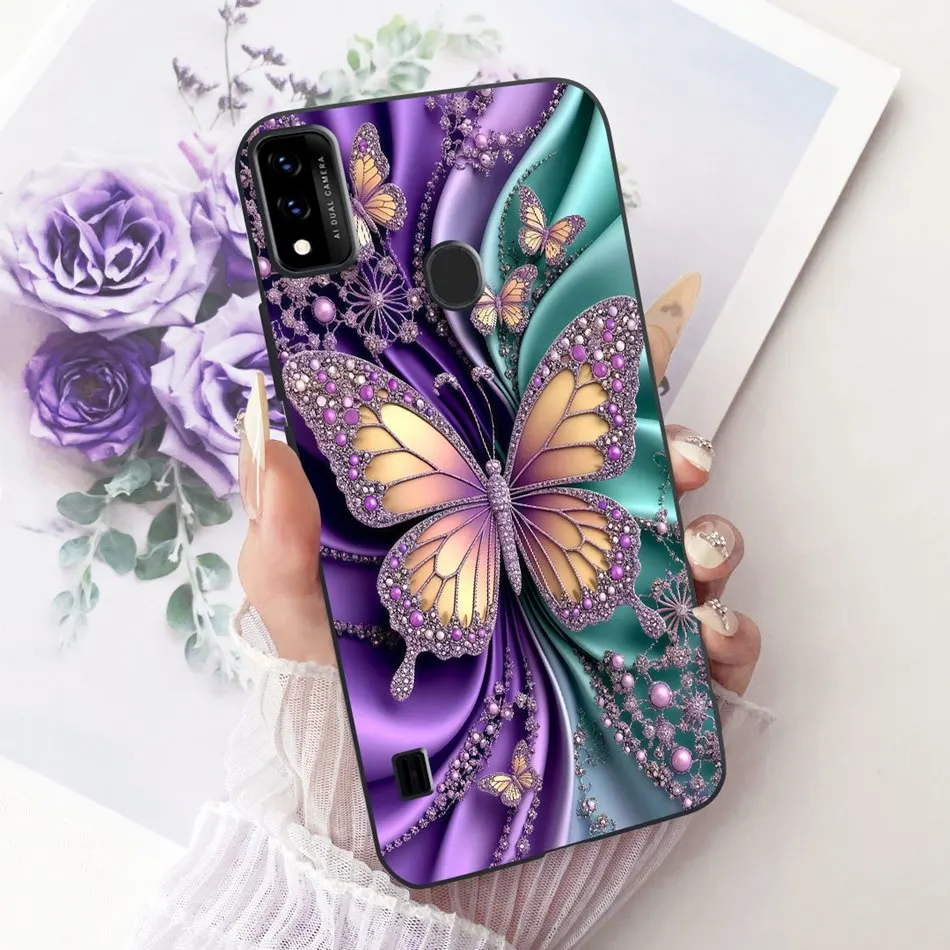 Charming Floral Butterfly Cat Black Silicone Phone Case