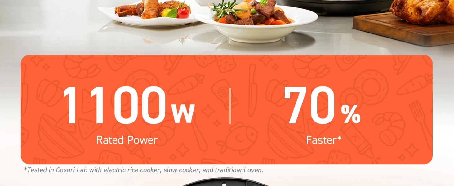 70% less time with 1100 watt power, making you cooker faster and easier