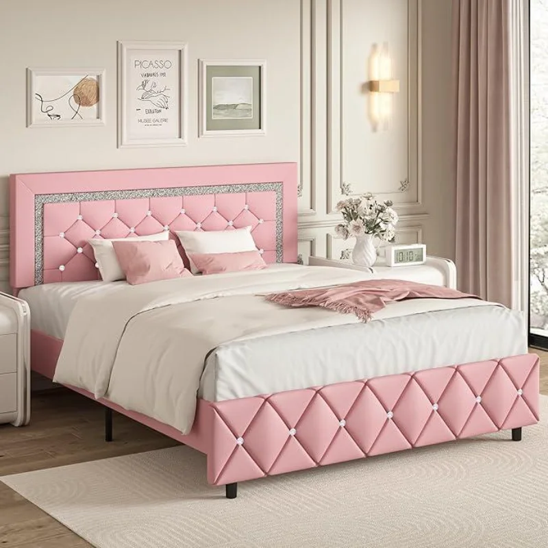 

Bed Frame, Upholstered Platform Bed with Button Tufted Headboard - Princess Platform Bed with Diamond