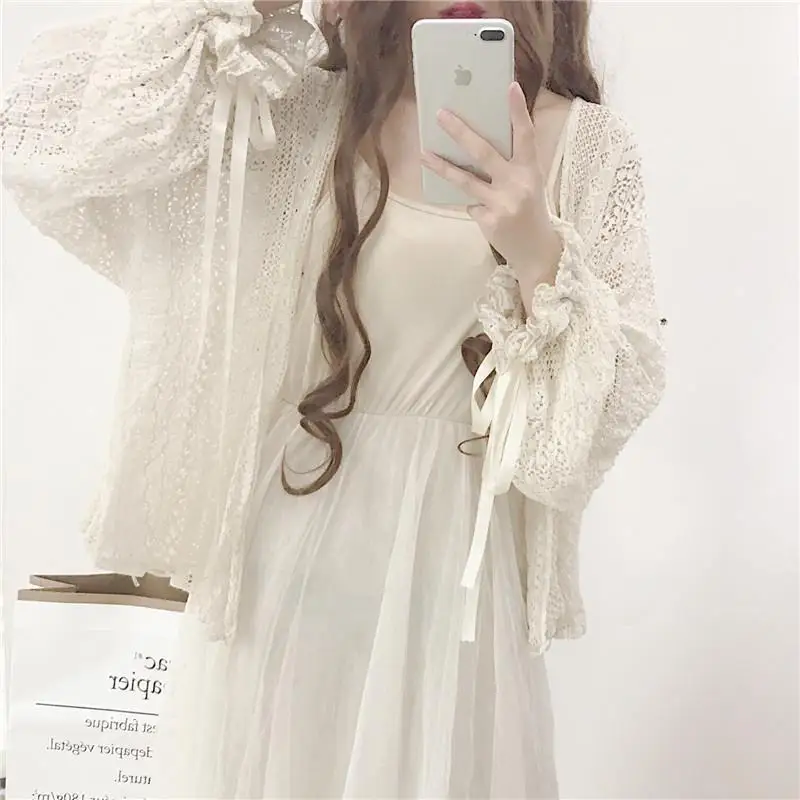 

Lace cardigan Women Long Sleeve Hook Flower Hollow Fairy Thin Tops Fashion Elegant Chic Shirts Summer Coat felmale clothing