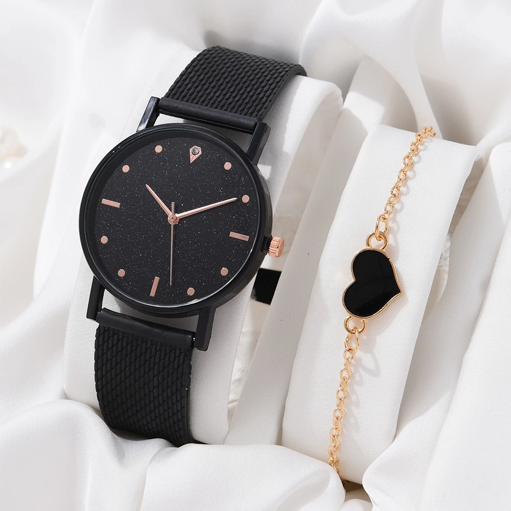 2PCS Set Black Luxury Rhinestone Watches Women Crystal Quartz Bracelet Watches Wristwatch Ladies Dress Wristwatch Clock