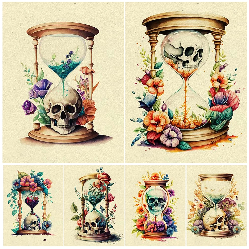 

Creepy Hourglass Skull Floral Vintage Wall Art Canvas Painting Mysterious Witchcraft Element Art Poster And Print Home Decor
