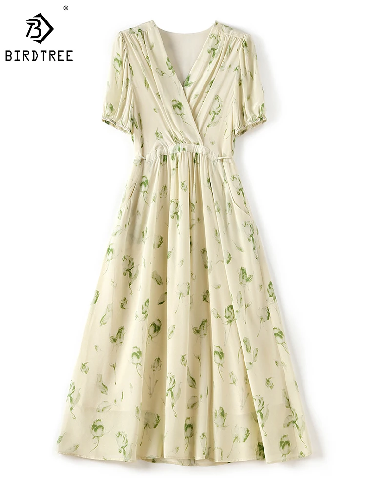

Birdtree 100%Mulberry Silk Crepe De Chine Dress V Neck Short Sleeve Print Gentle Temperament Slim Mid-rise A-line Skirt D3N223QD