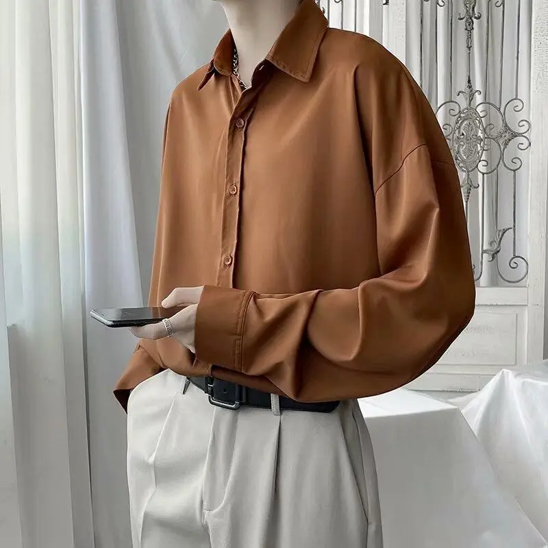 Allure Mature Men Silk Blouse Senior Loose Elegant Handsome Graceful Shirts Wrinkle Proof Tops Male Solid Simple Party Blouse