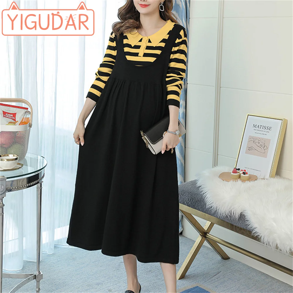 

Maternity Clothes Wear 2023 Autumn/Winter Casual Loose Two piece Set Striped Knitted Sweater Skirt Bottom Pregnant Women's Dress