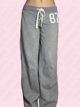 Pantaloni grigi da donna casual da strada in stile americano emo ragazze Y2K retrò streetwear gotico hip hop numero stampa pantaloni in corda con cravatta 1