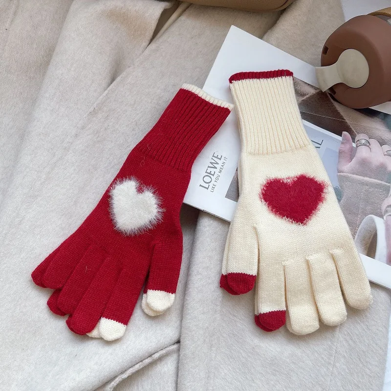 

2023Winter New Solid Color Knitted Touch Screen Windproof Cold resistant Woolen Gloves for Women's Split Finger Winter RedGloves