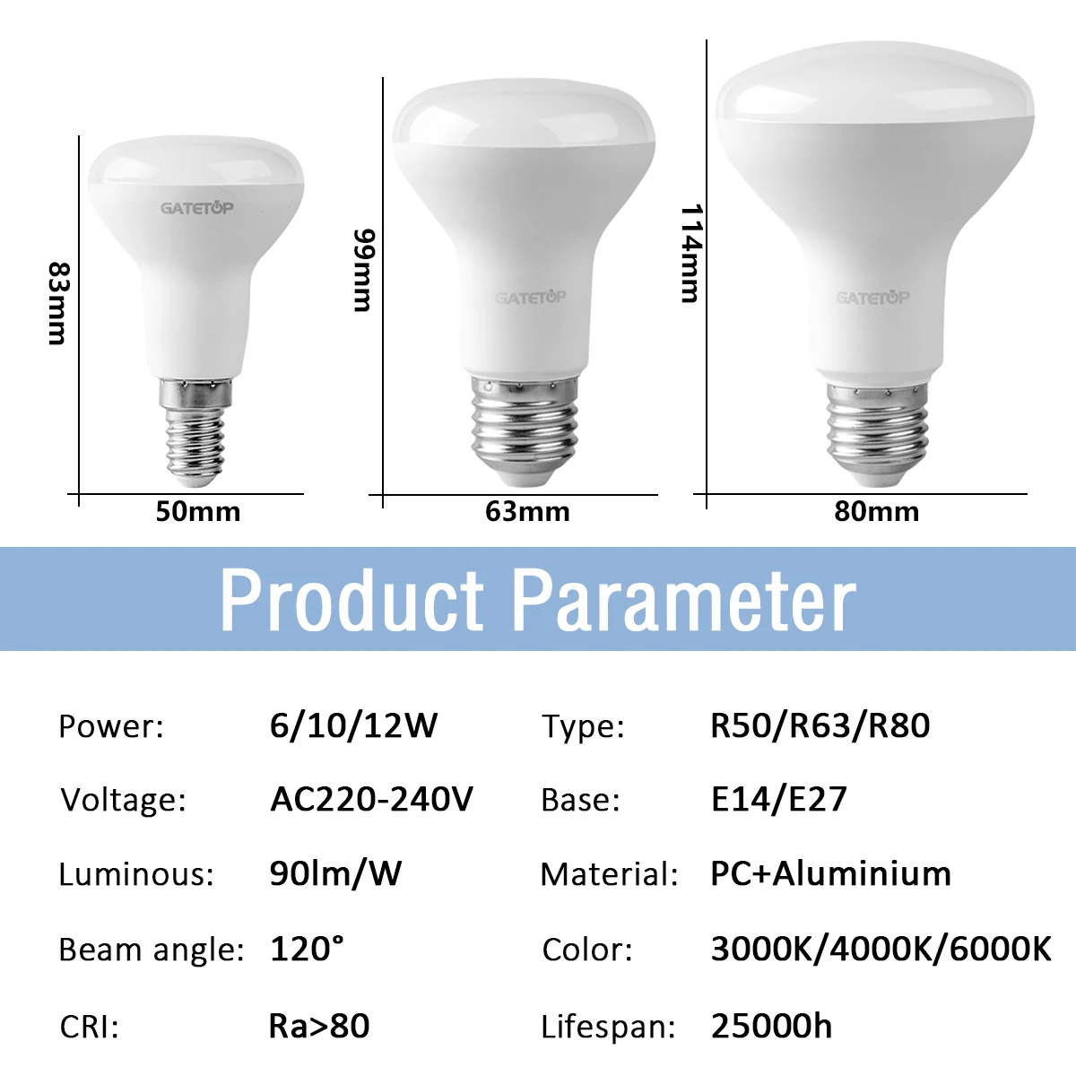 밝은 LED 전구 목욕 램프, 버섯 E27, E14, R50, R63, R80, AC 220V, 230V, 6W, 10W, 12W, 가정용 따뜻한 백색 조명, 10 개