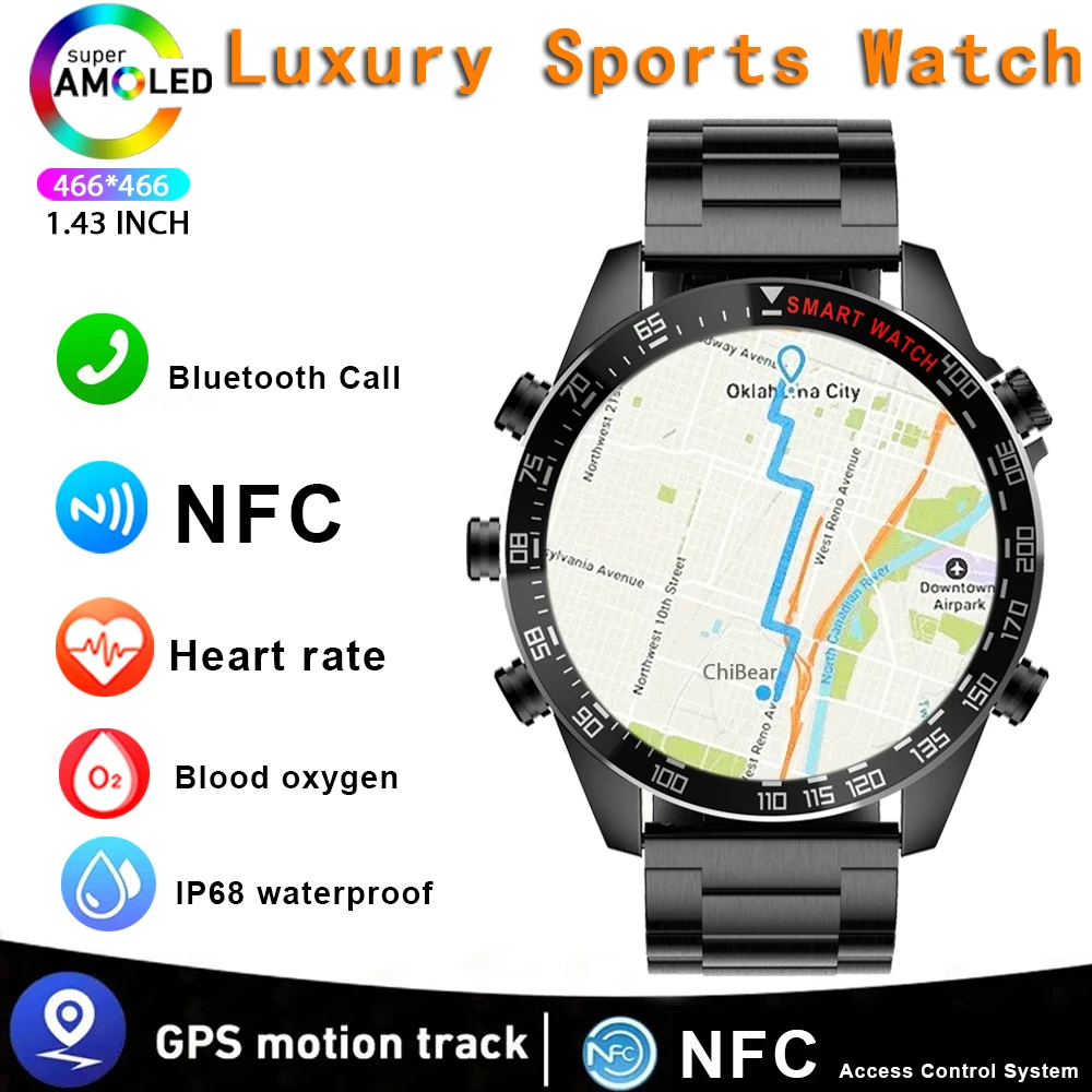 Gps Smart Watch Men Fitness Watch 1.43 Pollici 466*466 Amoled Display Sempre Schermo Hd Nfc Bt Call Smartwatch Mens Ip68 Impermeabile