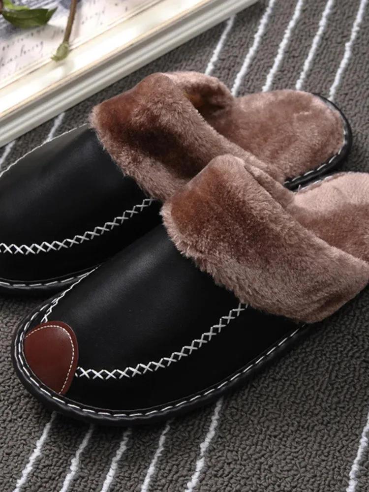 Warm cotton slippers indoor thick soled home shoes in winter Korean wool slippers for men and women couples leather slippers 6