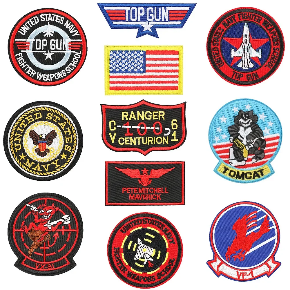 Description Picture 3 of itemTop Gun Flight Badge US Fighter Weapons School Emblem Embroidery Iron on Patch Maverick Pilot Badge for Men Jacket Cap DIY Decor