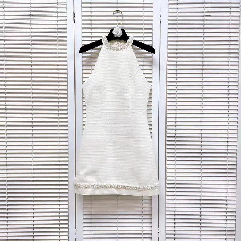 

2023 new fashion good quality hanging neck waist slimming pearl ribbon vest dress