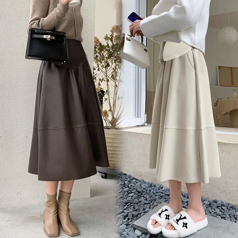 Autumn Pregnant Woman Pu Leather Skirts with Pockets Loose Maternity A-line Umbrella Skirt Pregnancy Belly Skirt Length 82cm