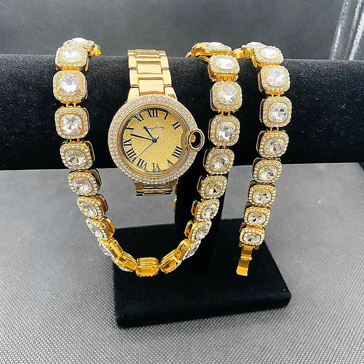 3PCS Gold Watch for Women Tennis Link Chain Bracelet Necklaces Choker Bling Fashion Jewelry for Women Watches Relojes Para Mujer