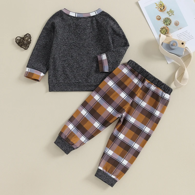 

Toddler Baby Boy Clothes Set Long Sleeve Crerw Neck Sweatshirt Plaid Longn Pants 2Pcs Fall Winter Outfit