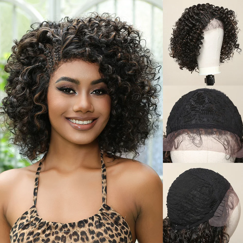 Afro Wig Lace Front Synthetic Wig Short Kinky Curly Bomb Wig with Braided Hairline Black Highlight Brown Wig for Women Brazilian