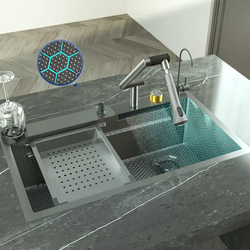 

Stainless Steel Kitchen Sink Embossed Waterfall Sink Large Single Bowl Washbasin With Folding Faucet For Kitchen Renovation