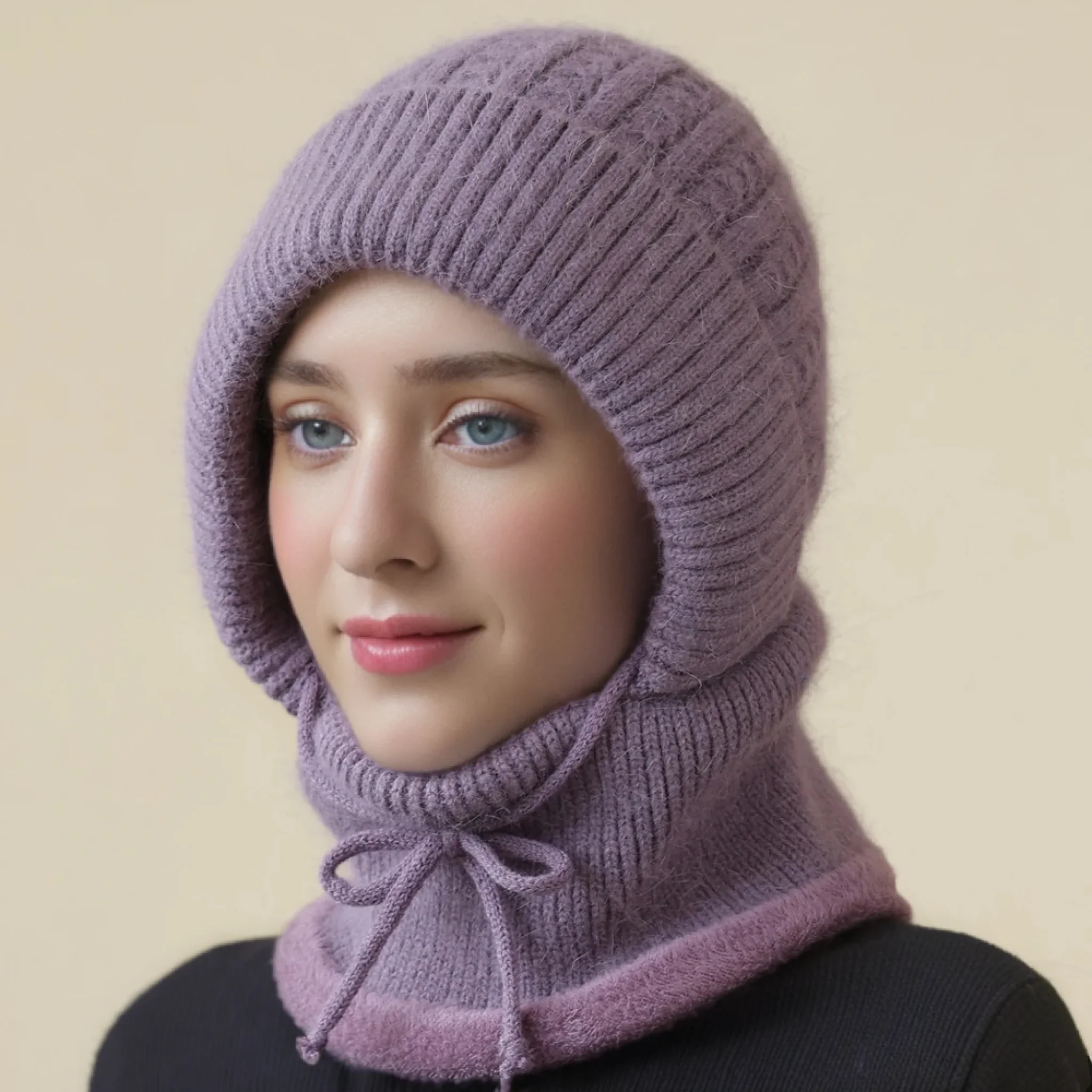 Hot Sale Winter Women Keep Warm Knitted Hat Neck Protection Beanie Cap Fur Lined Warm Hats For Women Windproof Balaclava Cap