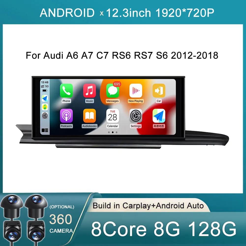 For Audi A6 A7 C7 RS6 RS7 S6 2012-2018 Player Android 13 Car Radio Multimedia Stereo Carplay Auto 12.3 Inch GPS Navigation BT