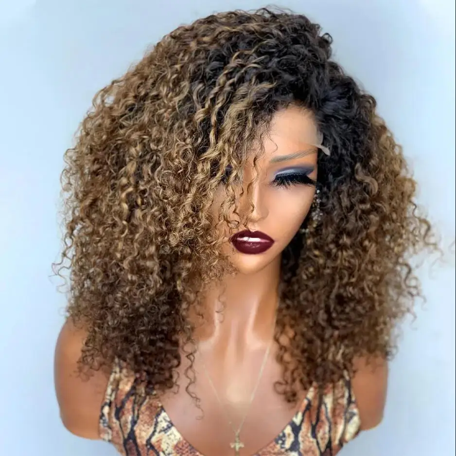 

180Density Soft 26" Ombre Brown Kinky Curly Long Lace Front Wig For Black Women Babyhair Heat Resistant Preplucked GluelessDaily