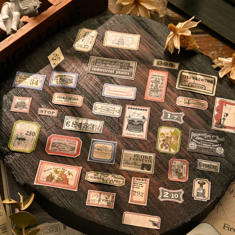 Vintage Stickers 100 pieces with Metal Box Junk Journal Ephemera Decorative Album Ticket Label Stickers Scrapbooking Material
